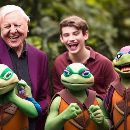 Sir David Attenborough laughing with some turtles. AI Generated
