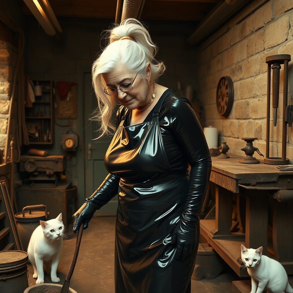 Elderly Woman Cleans Basement in Industrial Vintage Style