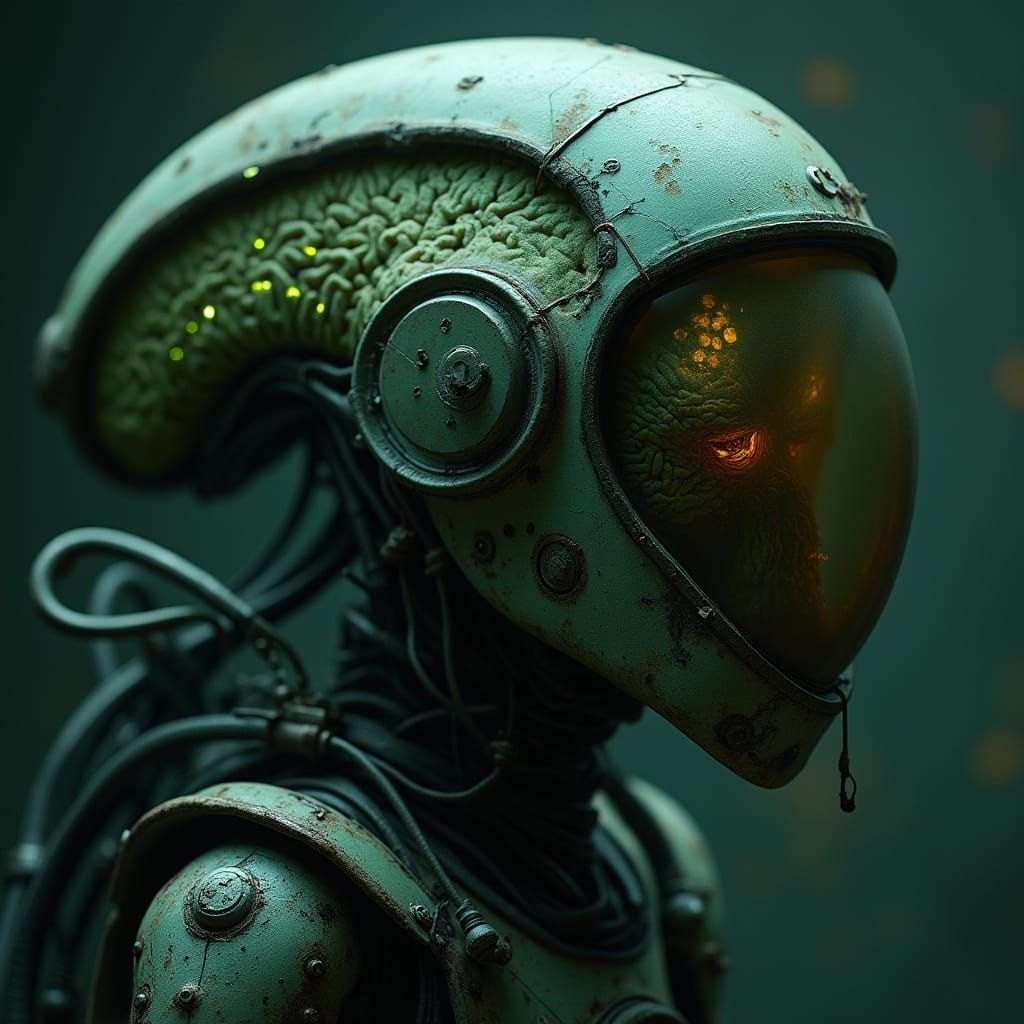 Twisted Creature in Corroded Space Helmet, Glowing with Biol...
