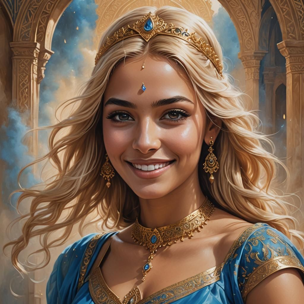 a painting of a woman in a blue dress, realistic fantasy art...