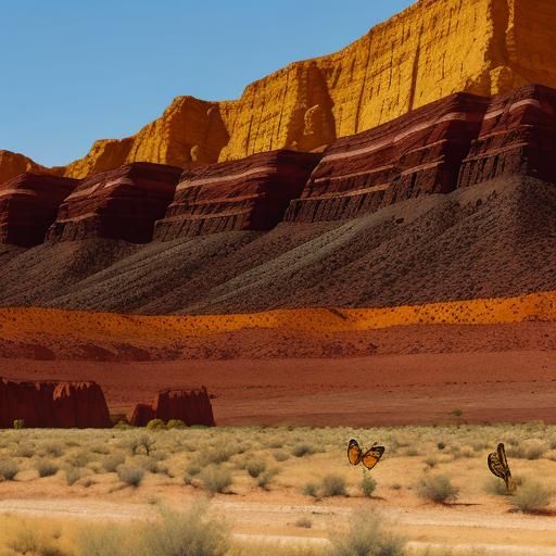 Black and red cliffs in the desert with yellow butterflies
