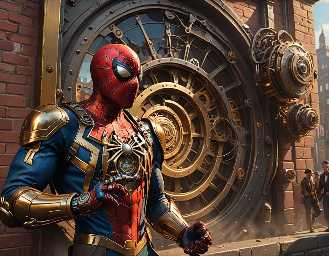 Spiderman spins a web around a villain blowing a hole in a Bank wall with a viewcto robbing the bank Hyperrealistic, splash art, concept art...