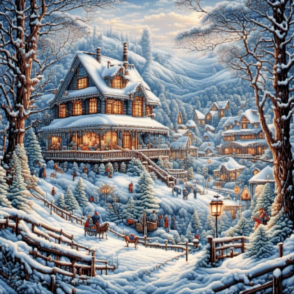 <lora:Cross Stitch:1.0> Beautiful stunning cross stitch of a winter wonderland Kincaid Rockwell beautiful stunning cross stitch Hyper realis...