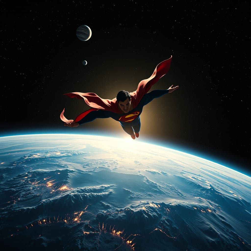 A magnificent view of the solarsystem from space.super man flying