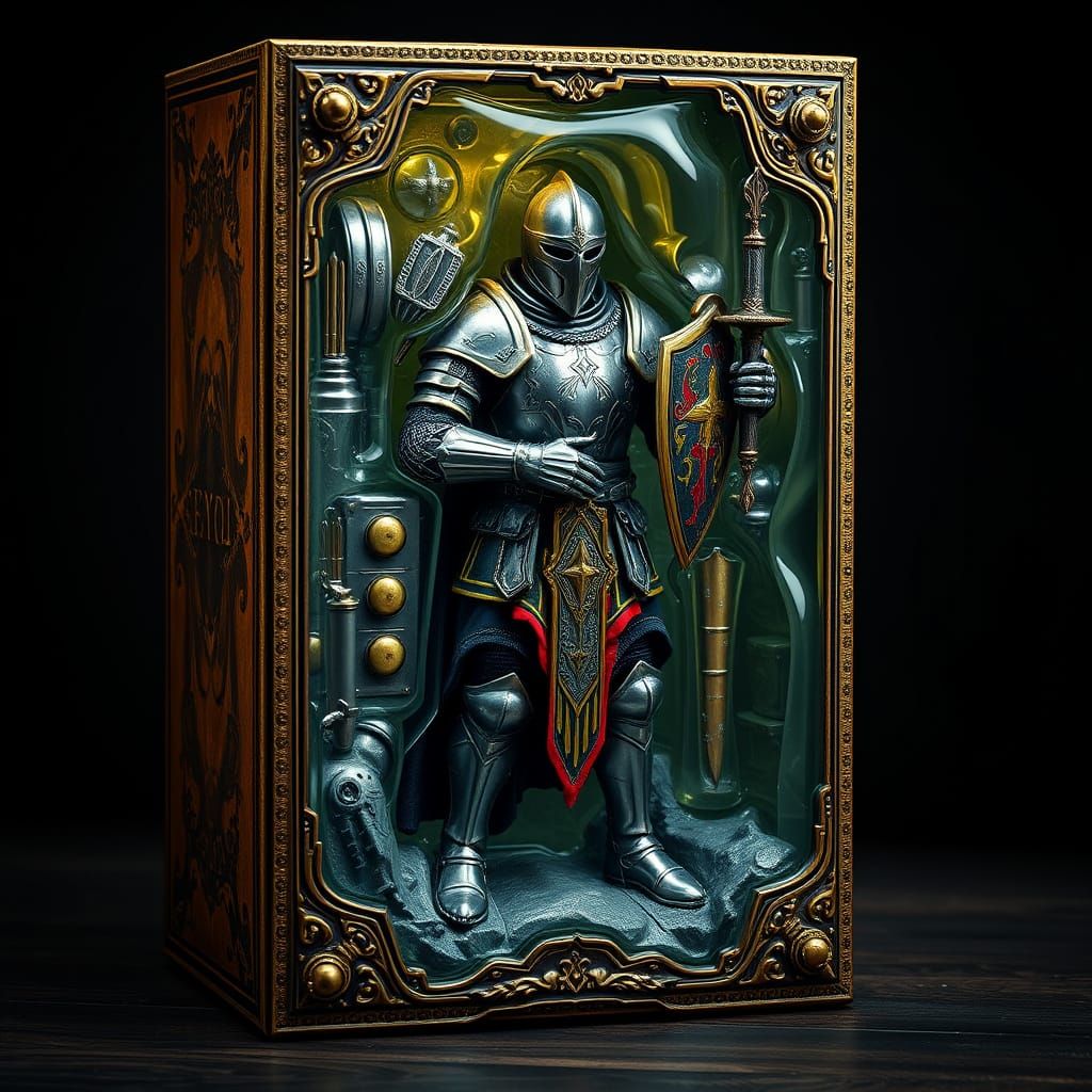 An antique-style action figure box featuring a knight  by @Chevy Clarence