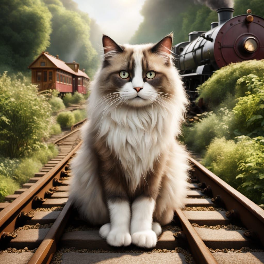 Giant Ragdoll Cat Plays with Steam Train, Miyazaki Style