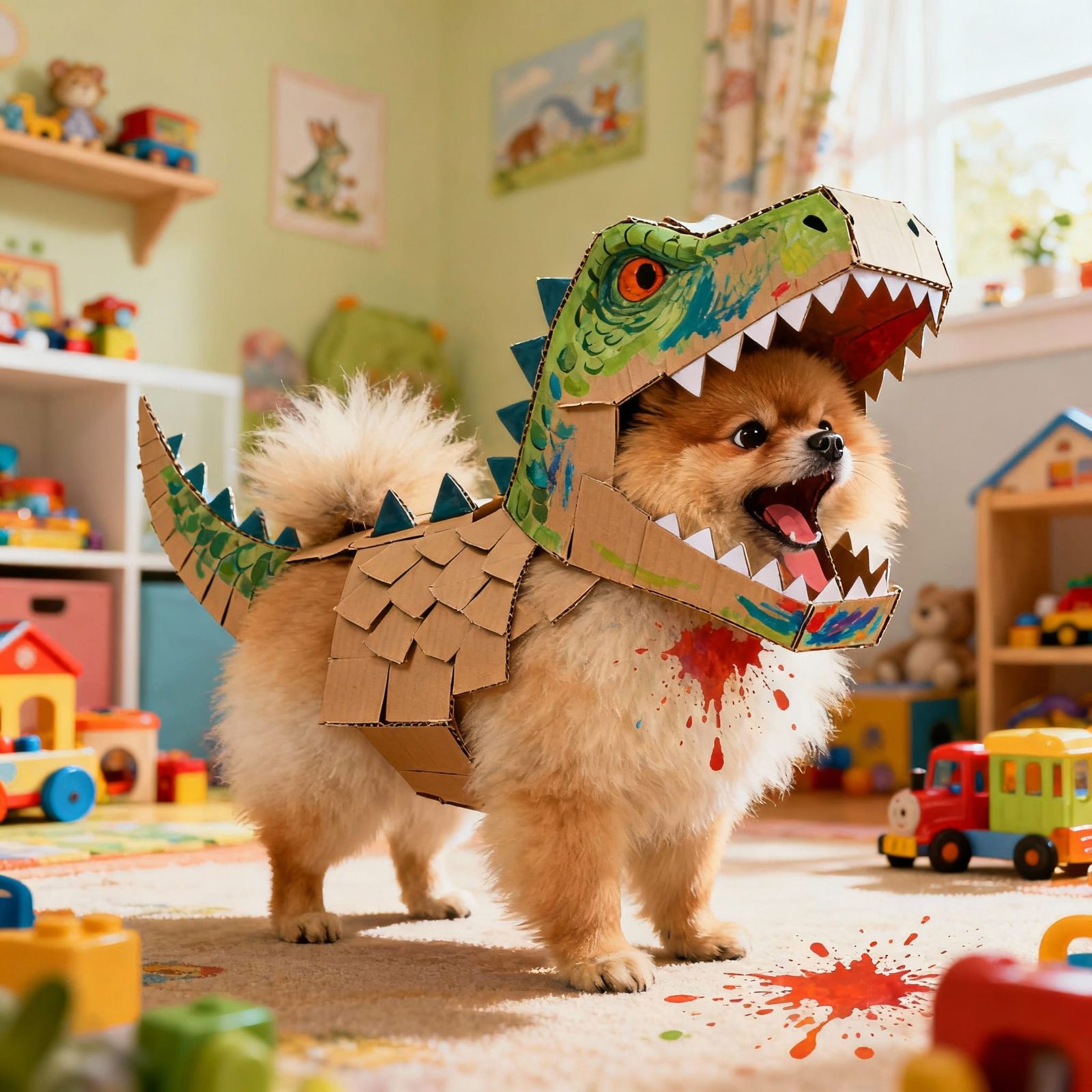 A fluffy Pomeranian dog dressed as a ferocious T-Rex  by @Arc