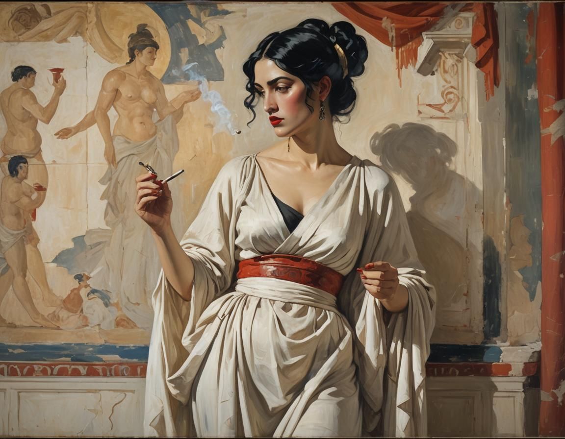 Impressionist painting, ancient Greek woman red lips, black ...