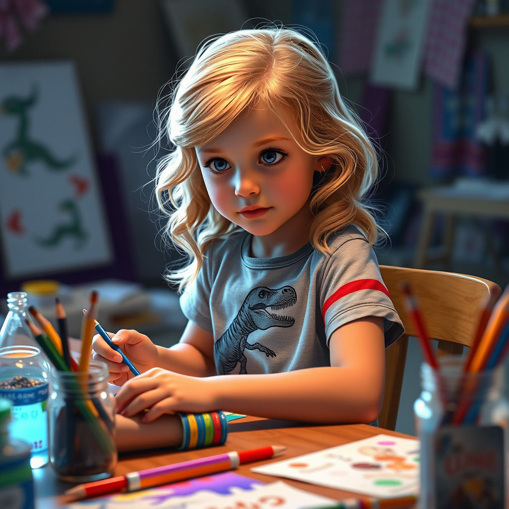 Girl with Dinosaur Shirt Colors at Craft Table