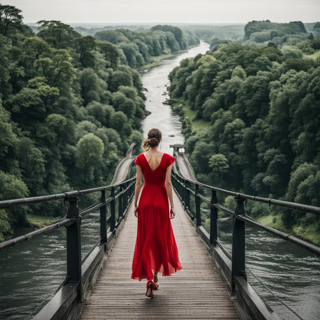 A young woman wearing a red dress;  on a bridge going over a...
