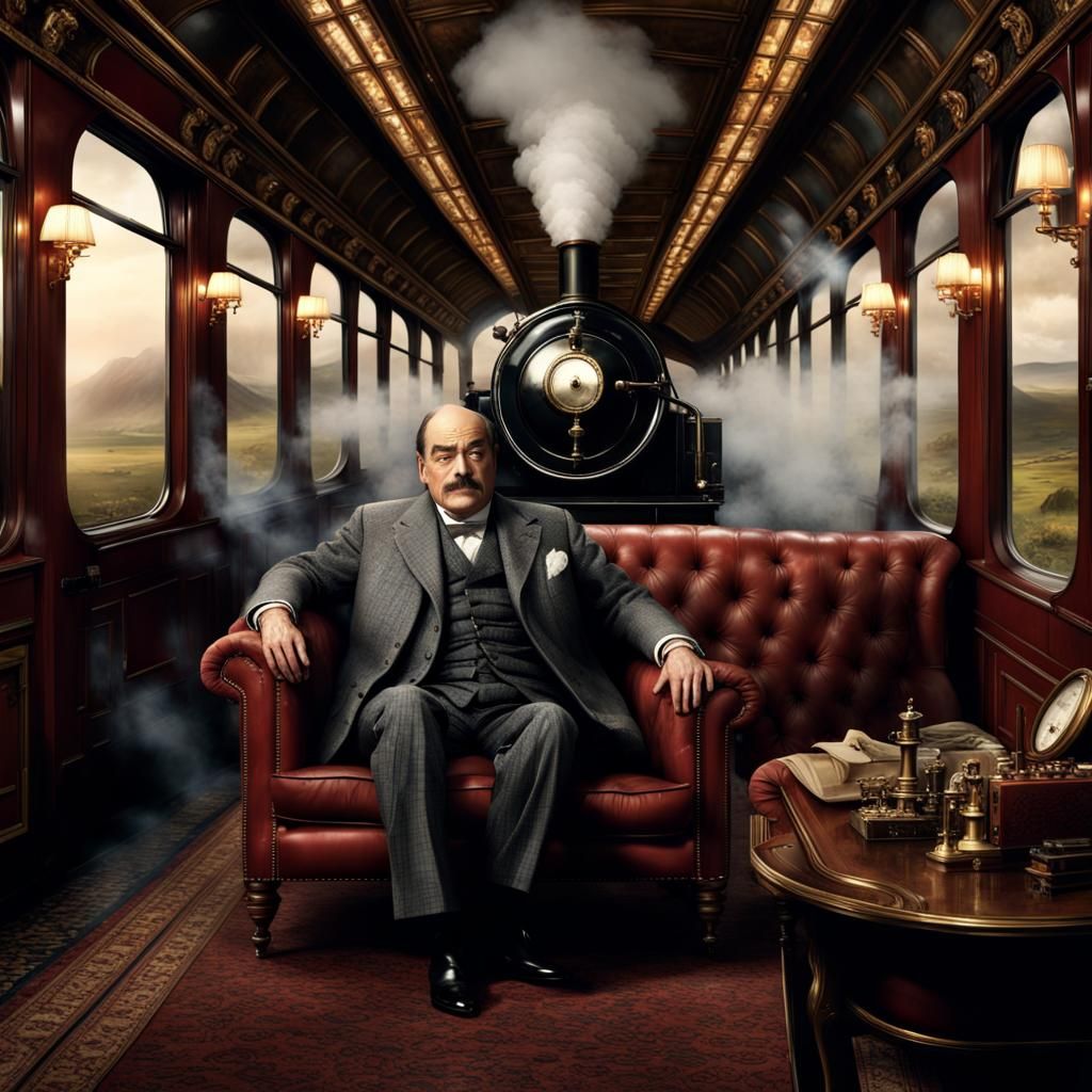 A luxurious train carriage, steam billowing from a locomotiv...