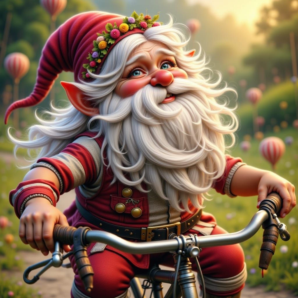 whimsical hyper realistic happy gnome with white beard and hair, Full Body, wearing a light red gnome hat pulled down low on his forehead, a...
