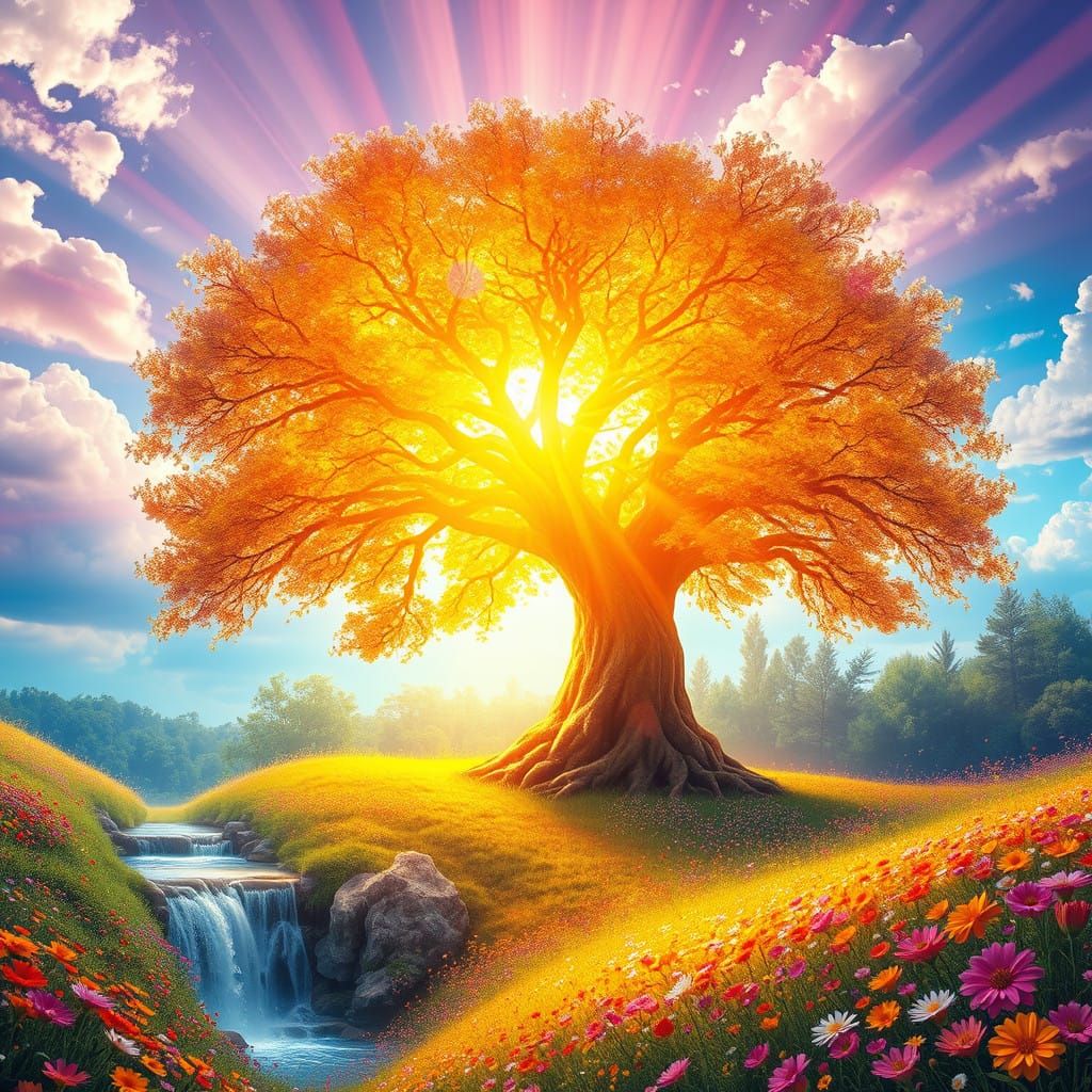 Enchanted Dreamworld with Radiant Tree and Vibrant Meadow