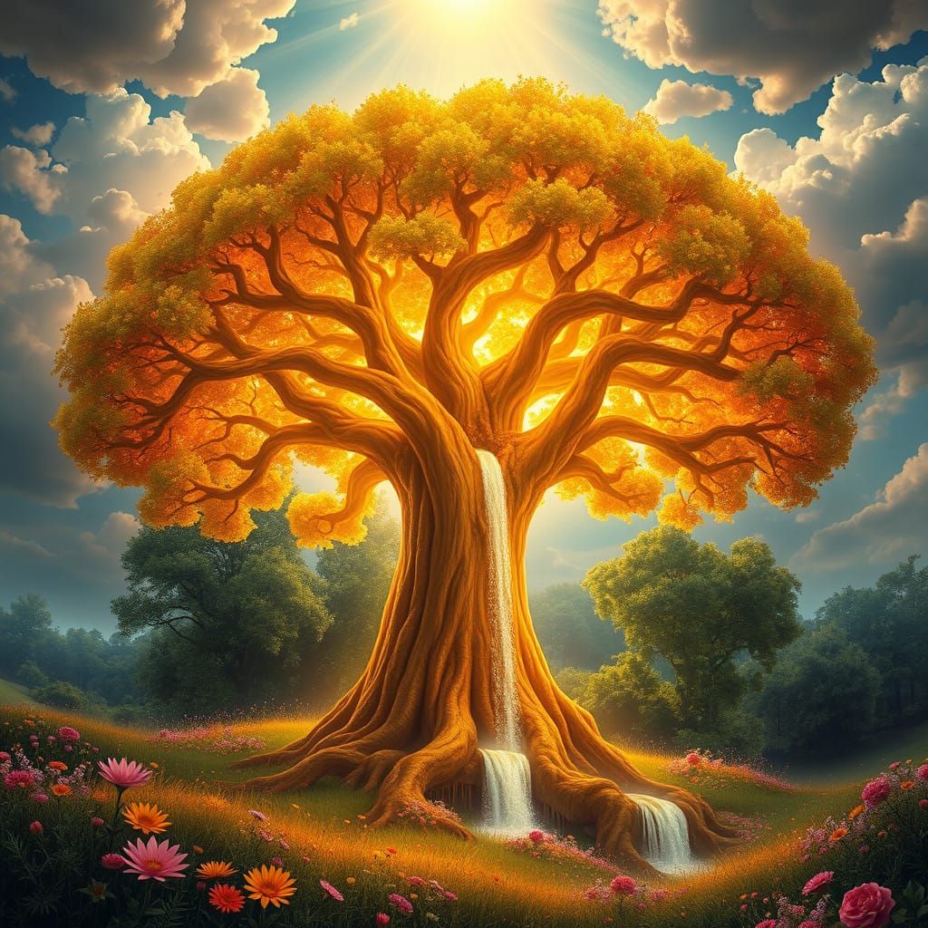 Golden Tree in a Lush, Mystical Landscape