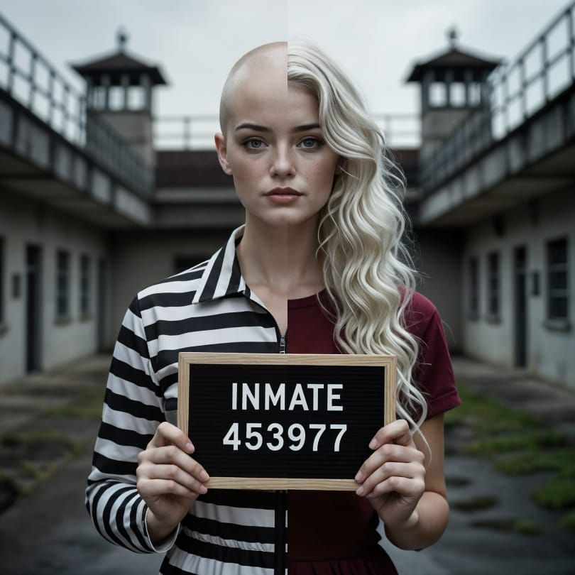 Split image mugshot of a gorgeous female prisoner with one s...