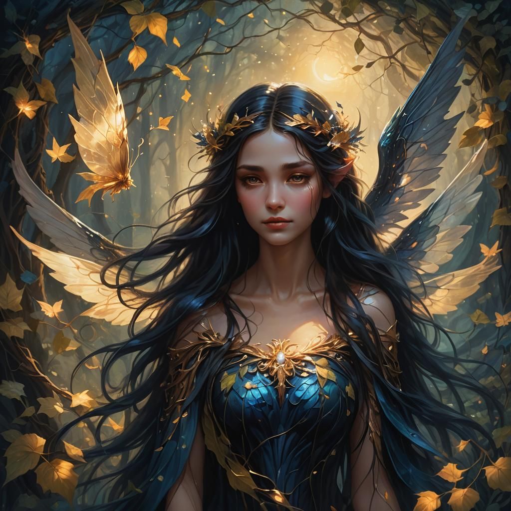 Fairy with Dark Wings in Mystical Art Nouveau Landscape