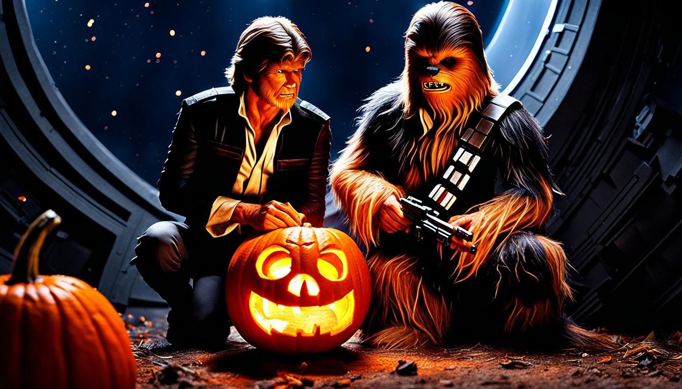 Han Solo and Chewbacca sit behind a Jack-o'-lantern