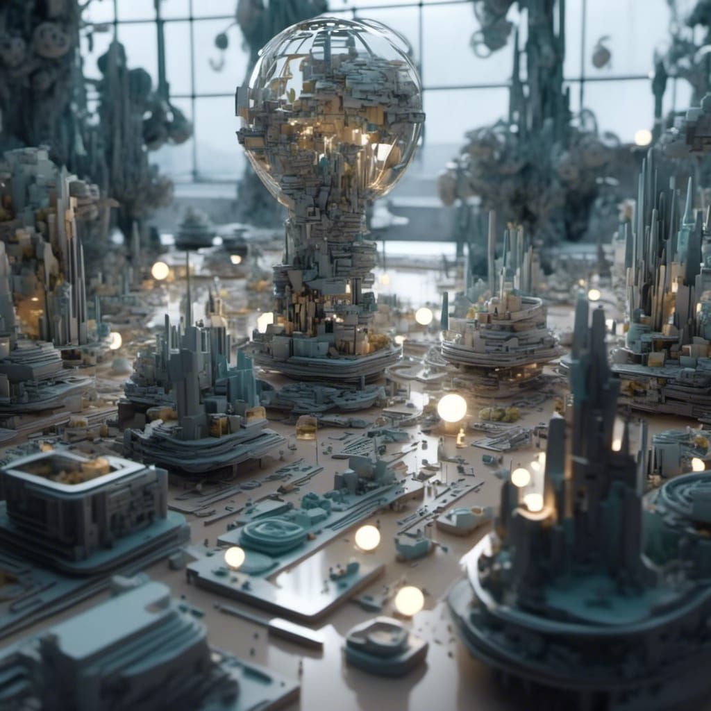 4k hdr uhd 3d futurisitc objects on white table<lora:deepmin...