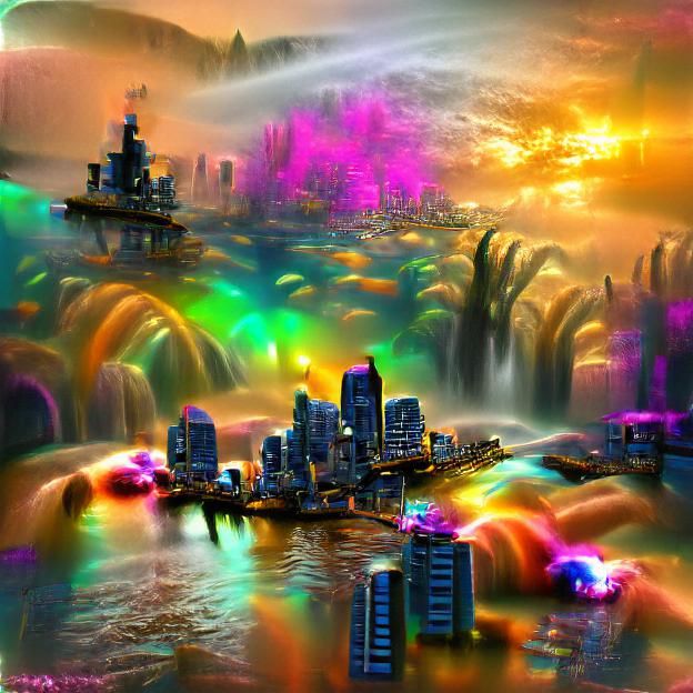 Underwater golden cyberpunk city at sunset during fall fille...