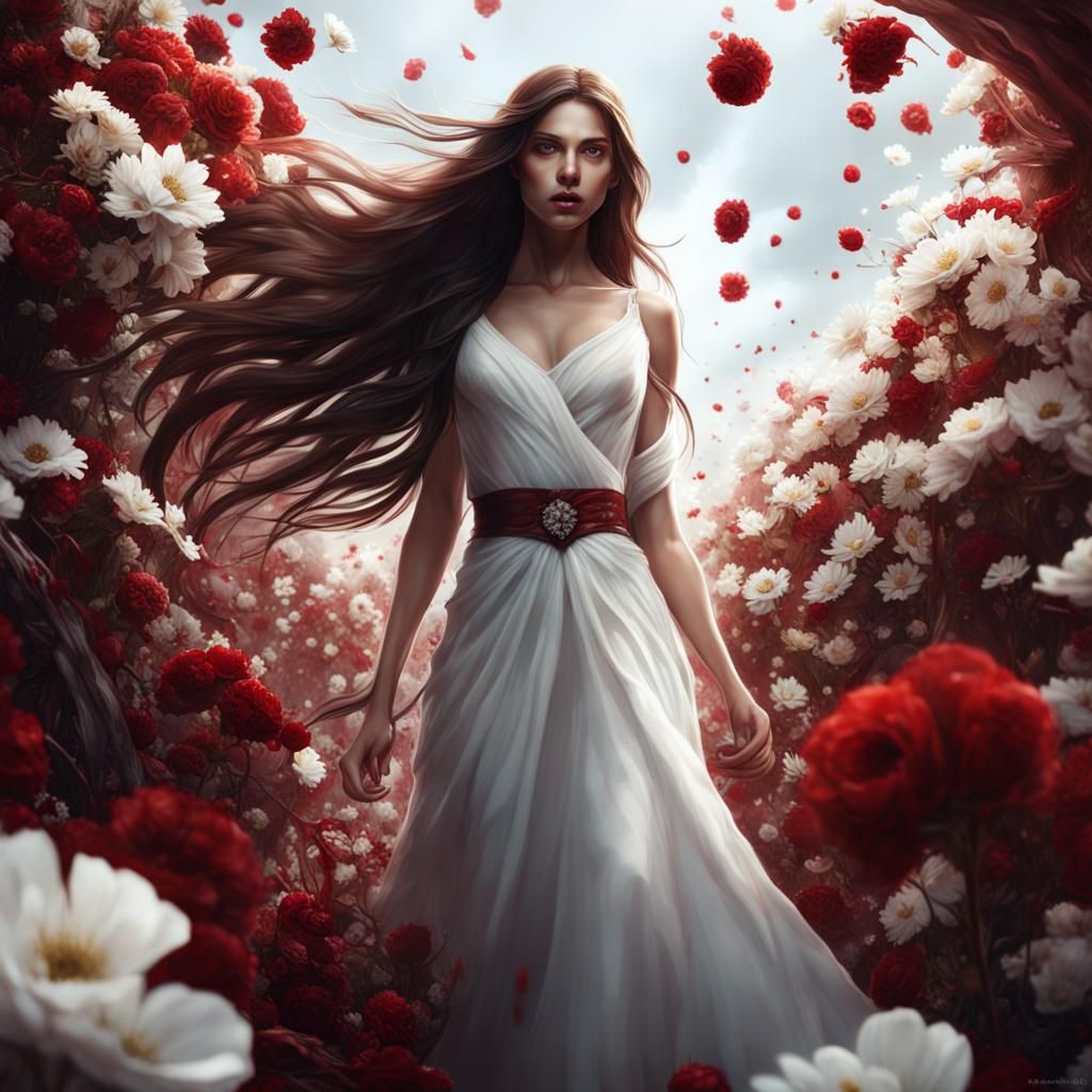 Girl with long brown hair, covered in her own fresh blood, a...