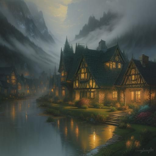 Peaceful Village in Valley, Rococo Fantasy Style