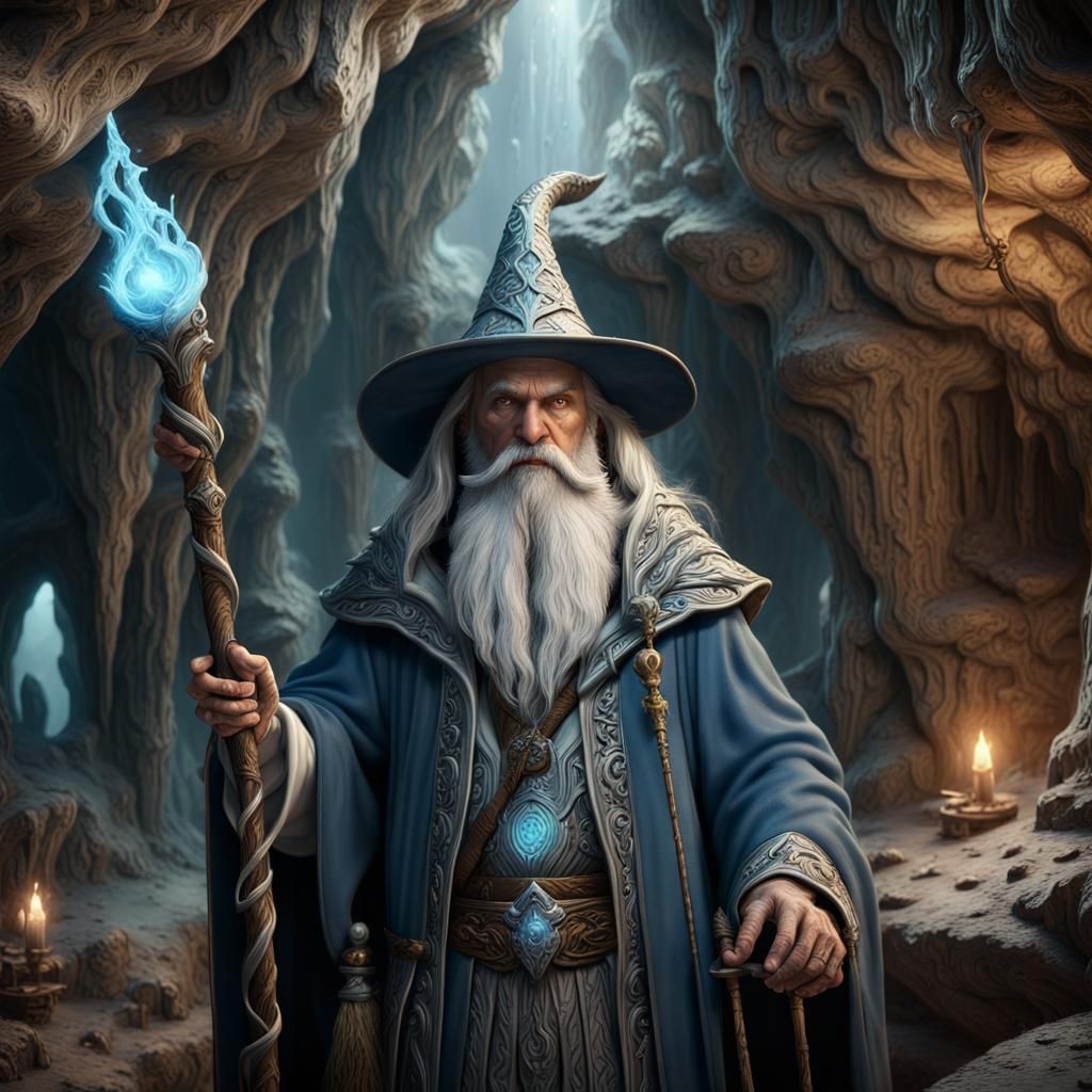 white bearded wizard, in a cave with an ornate staff, high detail - AI ...