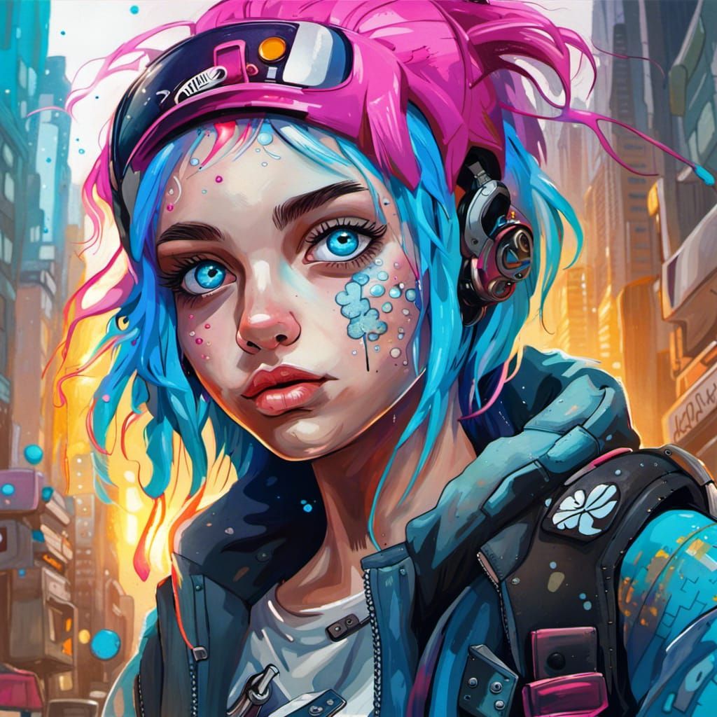 Portrait of a cute blue eyed blue haired girl living in a cyberpunk ...