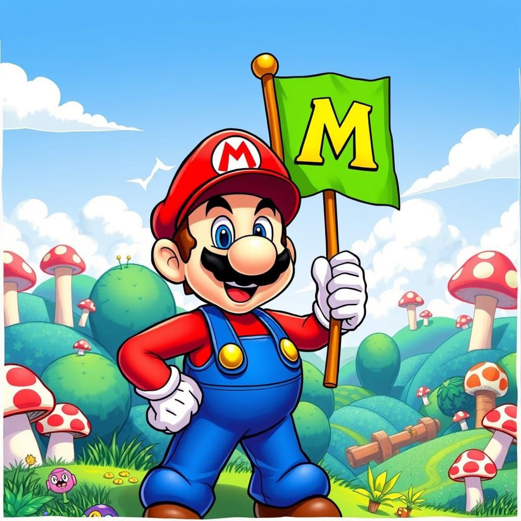 Heroic Mario Stands Tall in Vibrant Mushroom Kingdom
