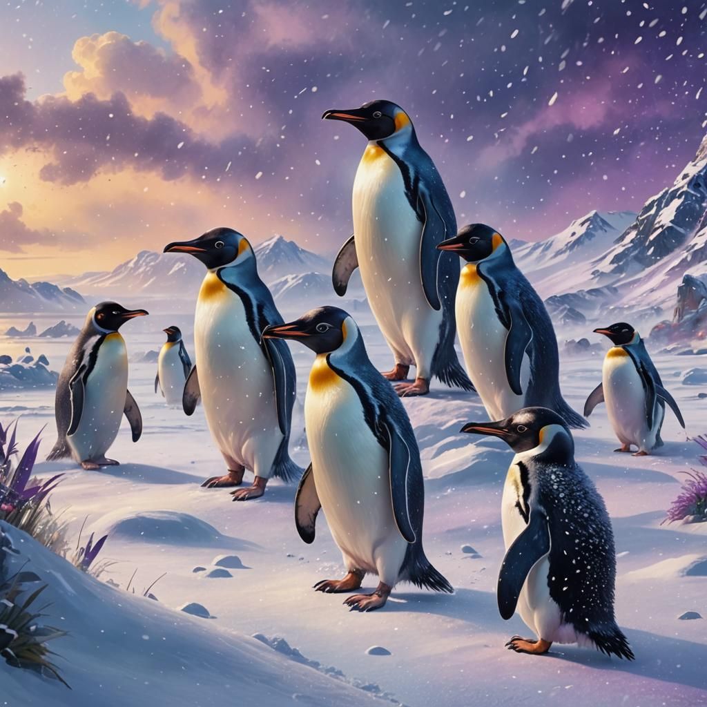 Penguins Enjoying the Cold: A Vibrant Oil Painting