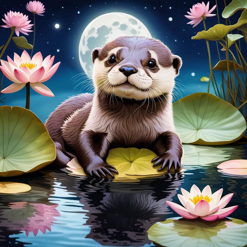 A super cute little baby otter lying on his back in a lake looking at the big white full moon lighting ...  by @Anne W