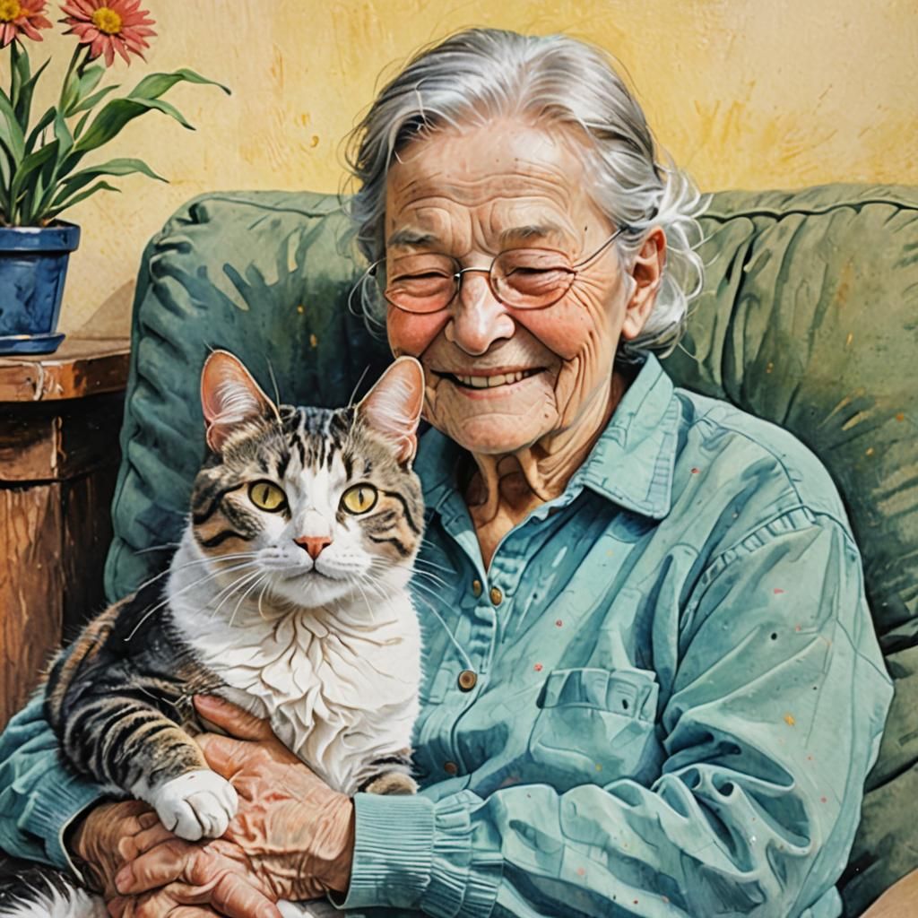 A cat lies across the lap of an elderly person, who is smiling softly. Both exude peace and comfort, embodying the quiet support animals pro...