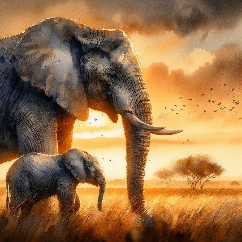 African Elephant and calf on the Savannah