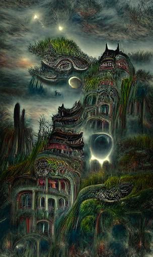 A forest ghost city with hyperdetailed painting of buildings...