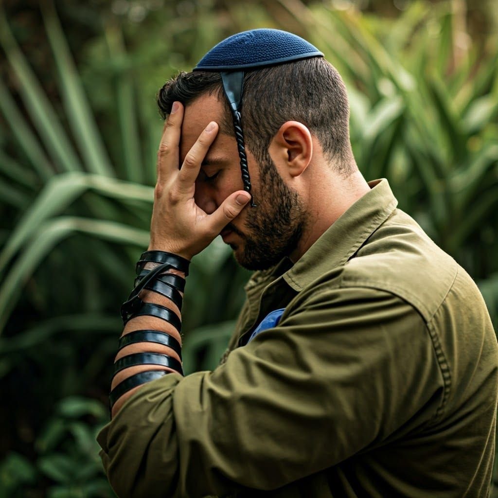 Israeli Soldier Praying in Lush Green Setting