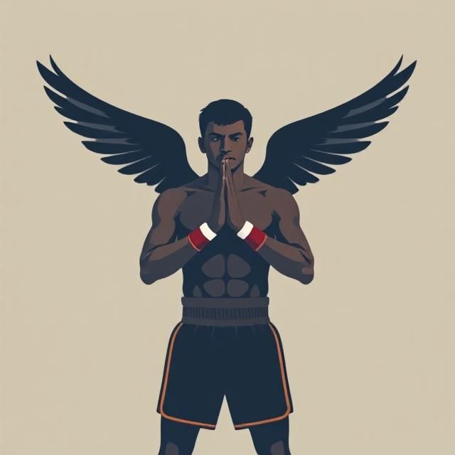 Muay Thai fighter praying with wings on his back.