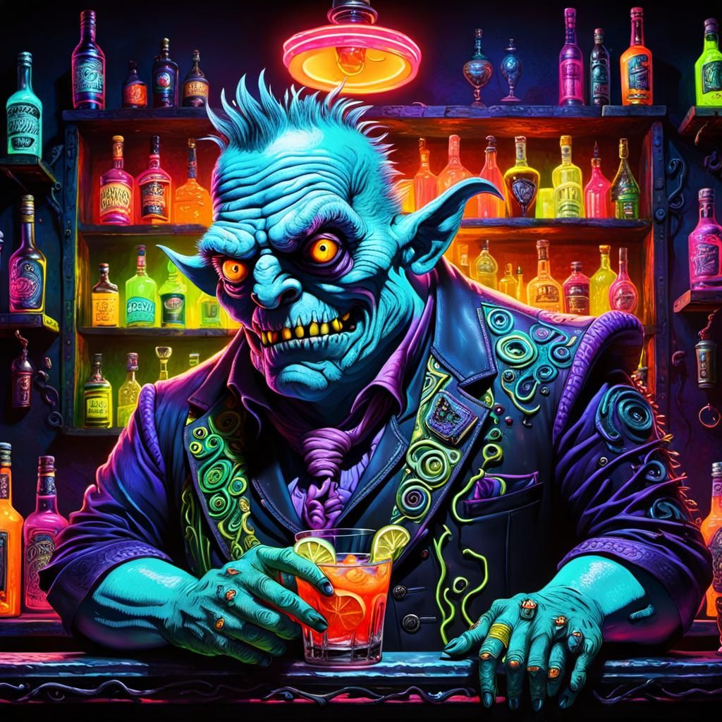 Short fat freaky deformed grotesque monster bartender, servi...
