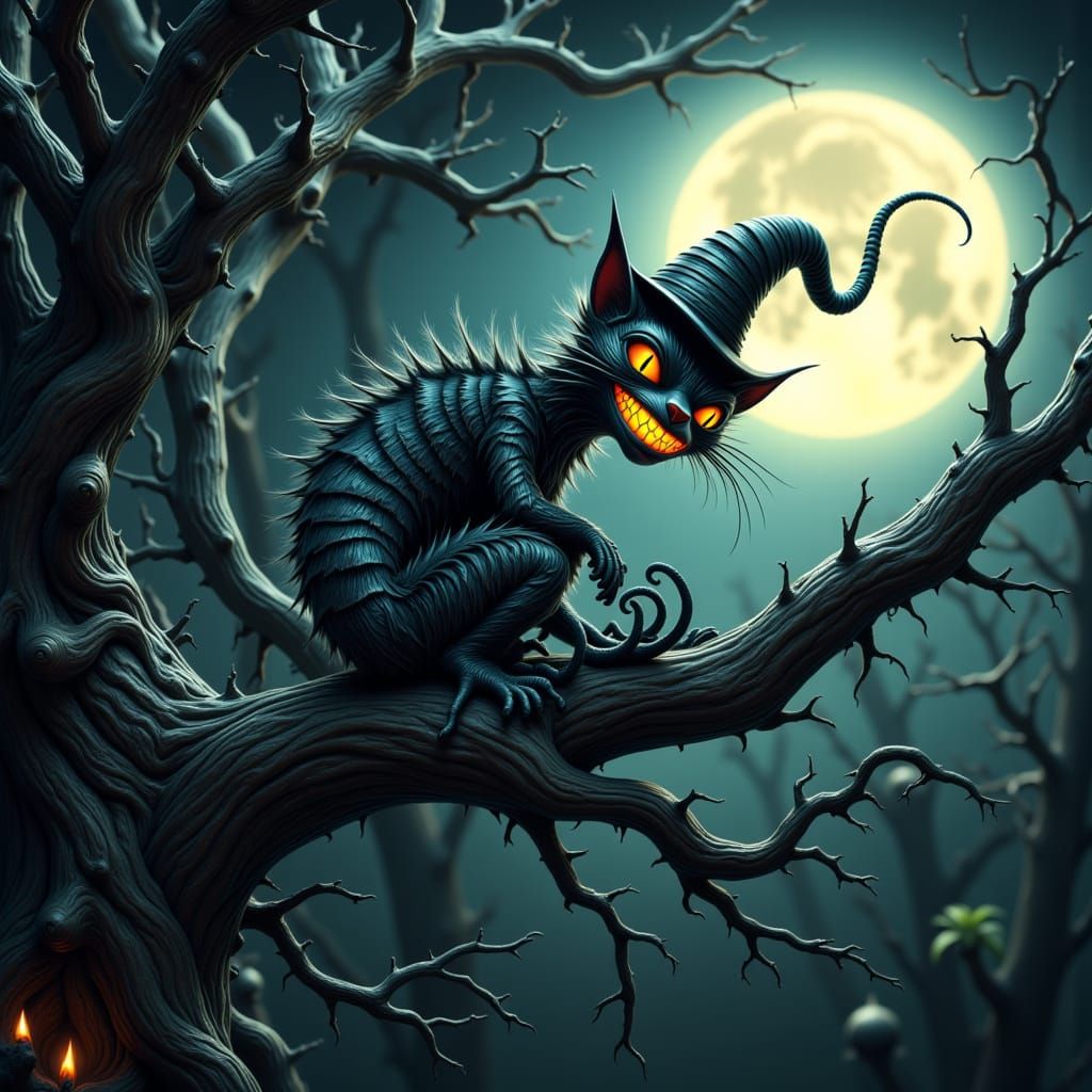 Twisted Cheshire cat with a mischievously wide grin, wearing a tattered top hat and sitting on a gnarled, black tree branch, set against a b...