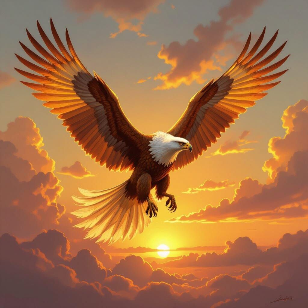 Majestic Griffin Soaring Through Sunset Sky as Oil Painting