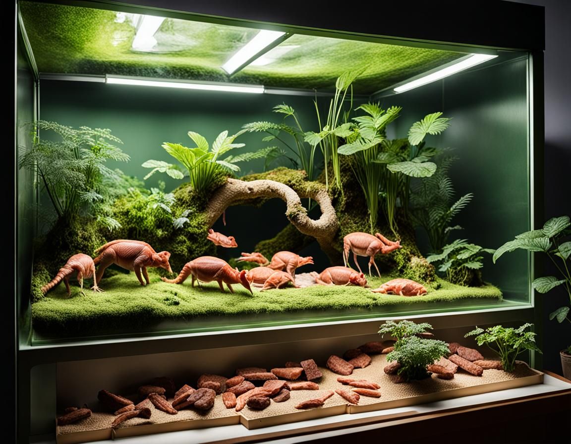 Vivarium with Aqrabuamelu inside, a human is feeding them scraps of