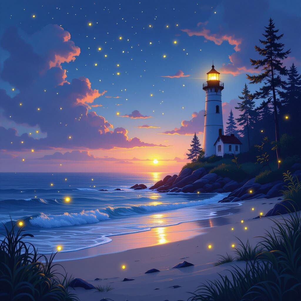 Une nuit d'été en bord de plage, le phare brille au loin comme un guide au beau milieu du calme de l'océan. ...  by @Fallen Angel