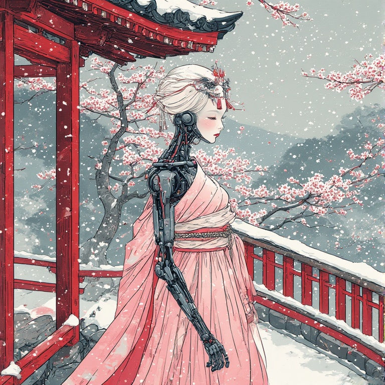 Cyborg With Gentle Snowfall
