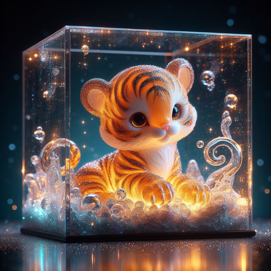delicate transparent crystal glass sculpture of an adorable small orange tiger made of glass inside a bioluminiscent squ...