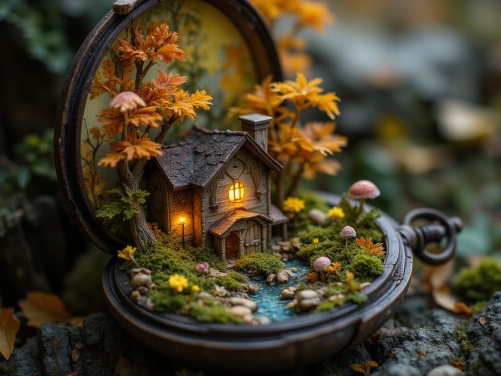 A miniature enchanted forest carved into an antique pocket watch. Tiny, bioluminescent mushrooms and ...  by @HMKlynd
