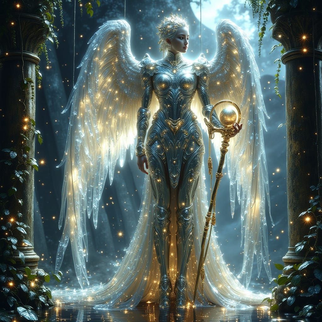 <lora:Exquisite Flux:1.0> Hyperrealistic, high-resolution painting of an ancient Archangel standing in a vast, moonlit cathedral ruin overgr...