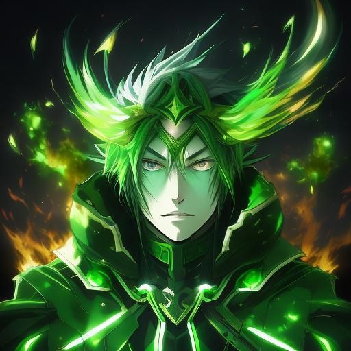 Expressive Green Flame Lifeform in Anime Style