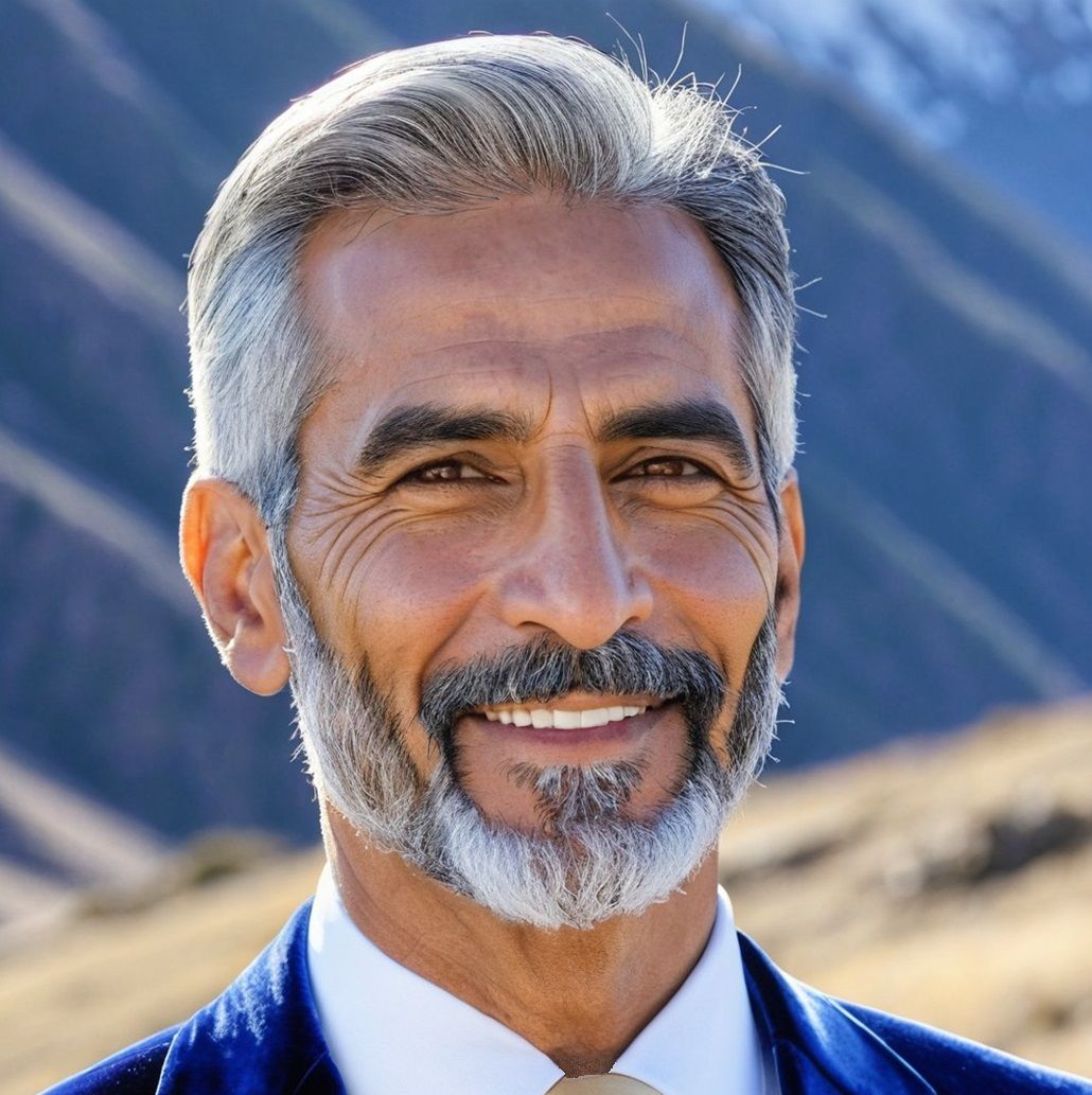 A handsome silver-bearded man wearing a blue velvet suit