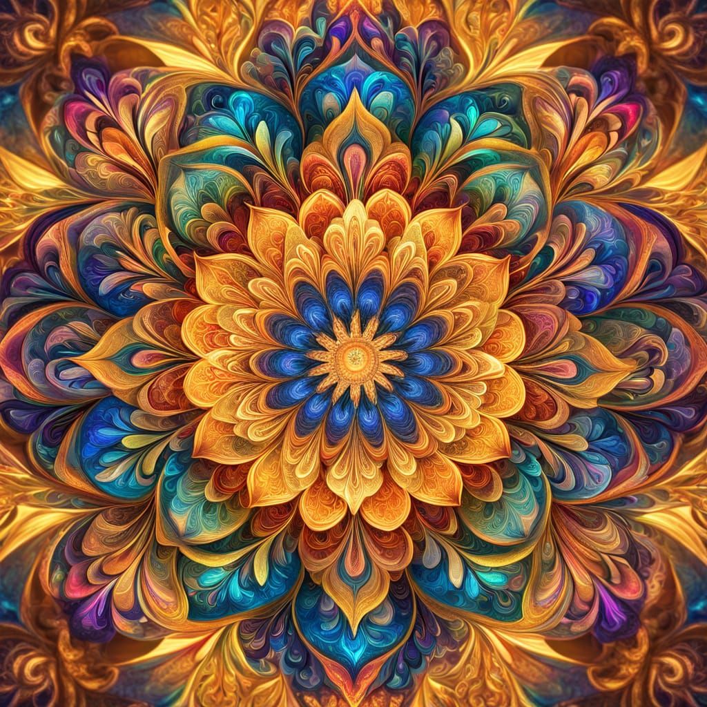 Rainbow and Gold Kaleidoscope forming a Flower Mandala   by @Sileas
