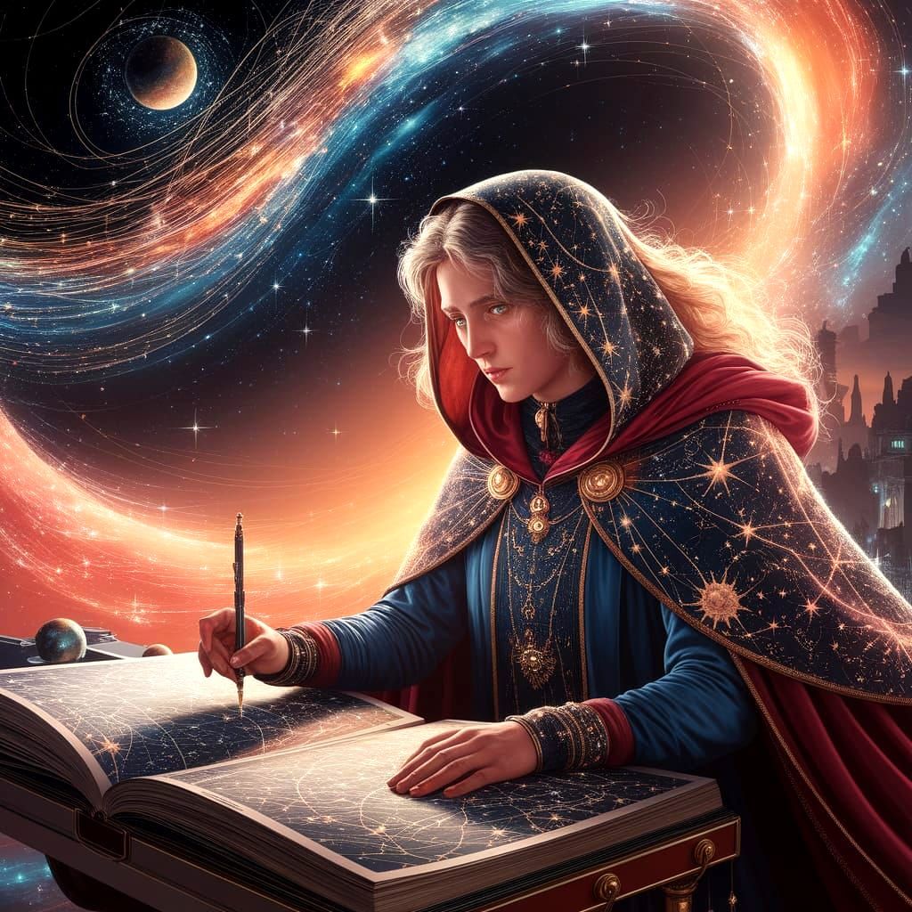 A celestial cartographer with a map made of pure starlight, charting the course of new constellations in the night sky. The cartographer's r...