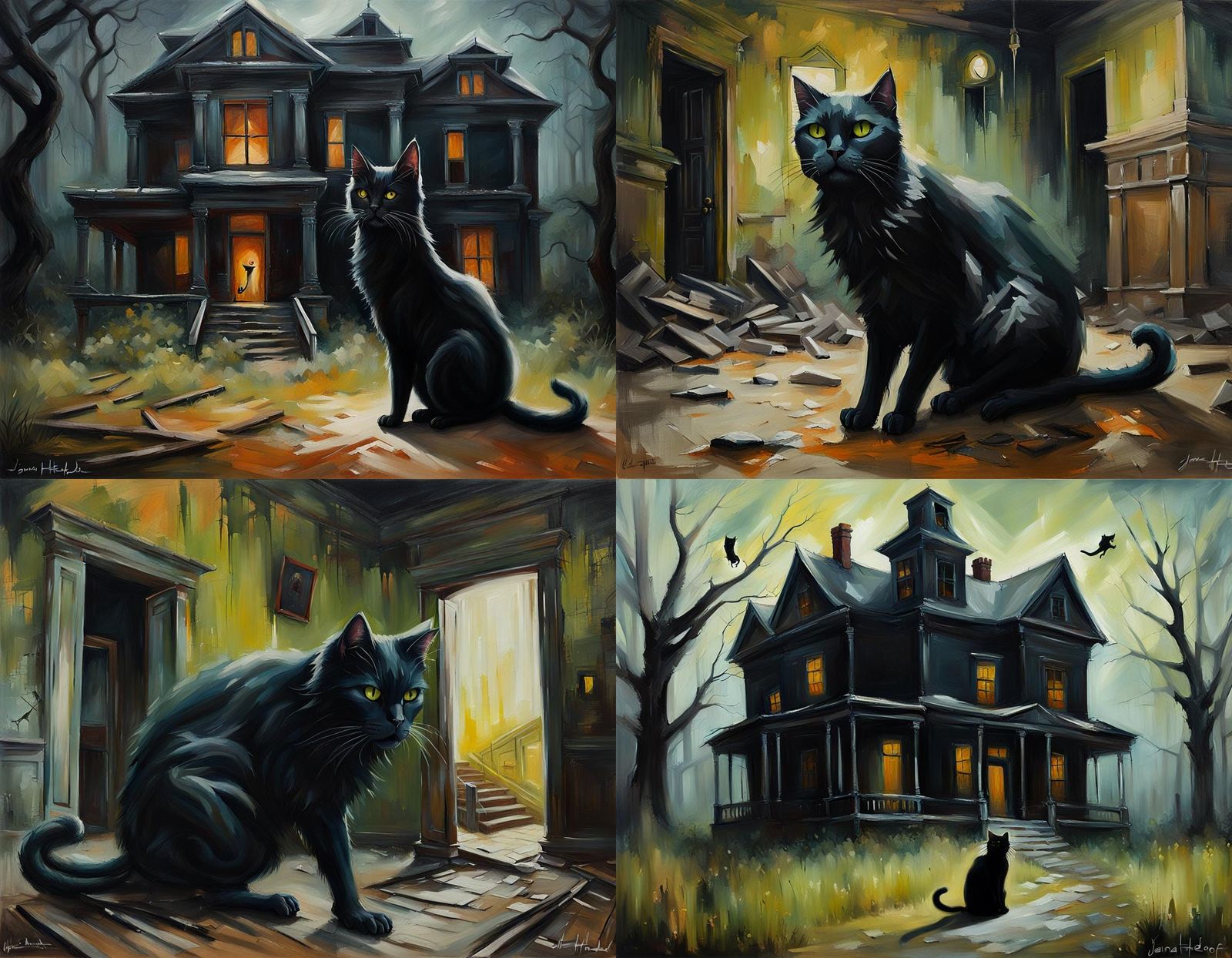 Black cat HISSING AT luminous GHOST, dilapidated mansion, oi...