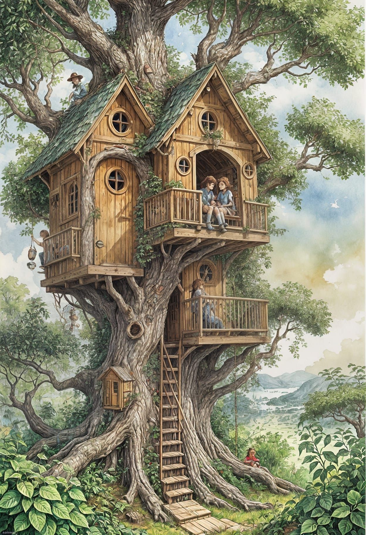 Watercolor illustration, high detail, Two kids sitting in  a treehouse in summer In the style of  David Wiesner, Rebecca Guay, Julie Bell. L...